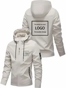 Men's Custom Hooded Jacket, Personalized Logo/text, Non-Elastic Fabric, Front Zipper Closure, Adjustable Drawstring Cap, Spring & Fall Outerwear