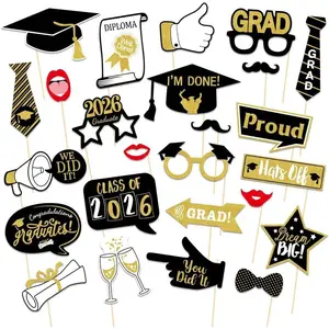 25Pcs Graduation Photo Booth Props Class of 2026 Grad Photo Props Black and Gold Graduation Decorations for Grad Party Favors Supplies