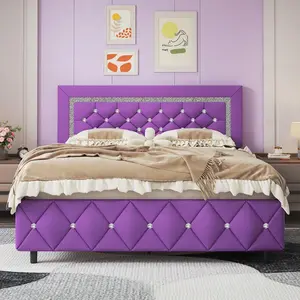 Twin/ Full/ Queen/ King Size Bed Frame, Upholstered Bed Frame With Diamond Headboard And Footboard, No Box Spring Needed, Easy Assembly, White/ Beige/ Black/ Grey/ Pink/ Purple/ Green