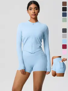 Two-Piece Set Women's Solid Zip Up Crop Jacket & Skinny Shorts Tracksuit Set, Sporty Casual Breathable for Yoga Gym Workout Running, Ladies Sportswear for All Seasons, Yoga Suit Outdoor