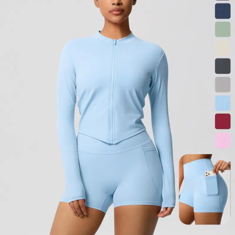 Two-Piece Set Women's Solid Zip Up Crop Jacket & Skinny Shorts Tracksuit Set, Breathable for Yoga Gym Workout Running, Ladies Sportswear Activewear, Outdoor Yoga Outfit Set, Workout Sets