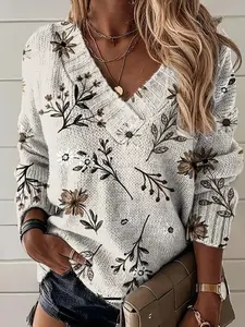 Women's 3D Floral Print V-Neck Sweater - Allover Beige/Brown Floral Pattern Knit Pullover, Soft Comfortable Loose Long Sleeve Top, Suitable for Casual and Formal Occasions, Year-Round Versatile Women's Wear