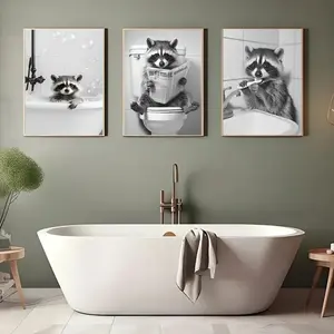 Set of 3 Raccoon Canvas Prints, Cute Animal Wall Art for Bathroom & Living Room, No Frame Included, Decoration