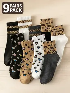 9 Pairs of Mix-and-Match Leopard Print & Striped Pattern Animal Casual Fashion Sports Outdoor Mid-Calf Socks, Women's Style, Comfortable Soft Fitted Fashion Socks, Everyday Wear, All-Season Wear