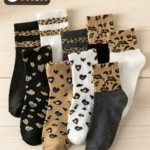9 Pairs of Mix-and-Match Leopard Print & Striped Pattern Animal Casual Fashion Sports Outdoor Mid-Calf Socks, Women's Style, Womenswear, Comfortable Soft Fitted Fabric Fashion Socks, Everyday Wear, All-Season Wear, Casual Stylish Socks