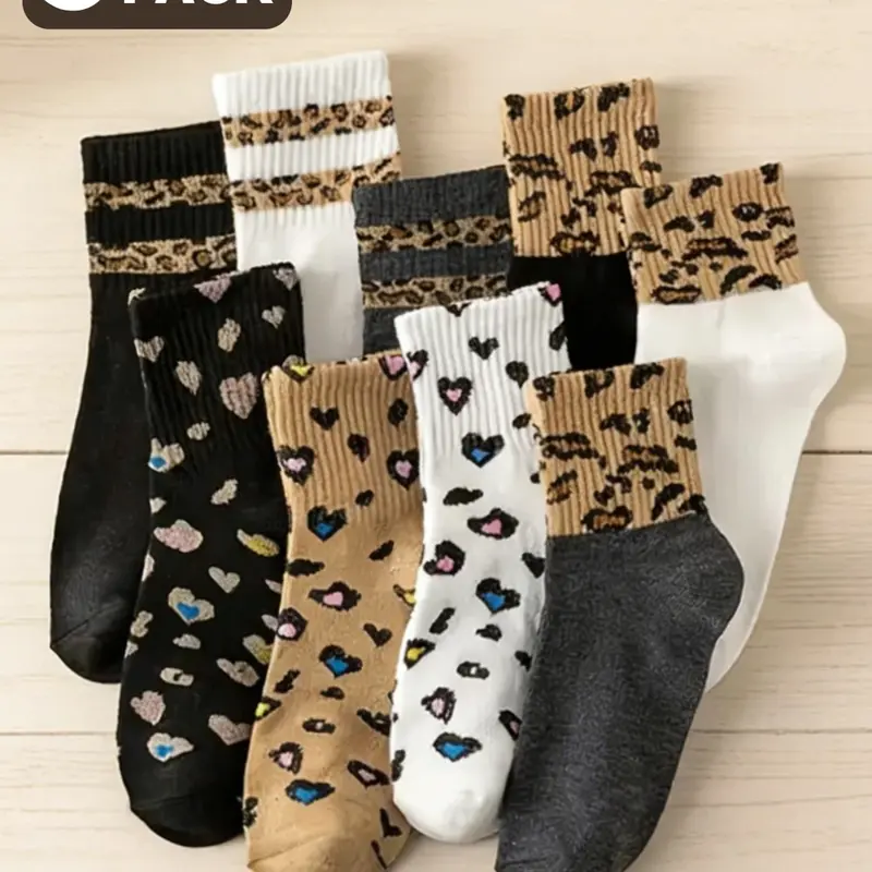 9 Pairs of Mix-and-Match Leopard Print & Striped Pattern Animal Casual Fashion Sports Outdoor Mid-Calf Socks, Women's Style, Womenswear, Comfortable Soft Fitted Fabric Fashion Socks, Everyday Wear, All-Season Wear, Casual Stylish Socks