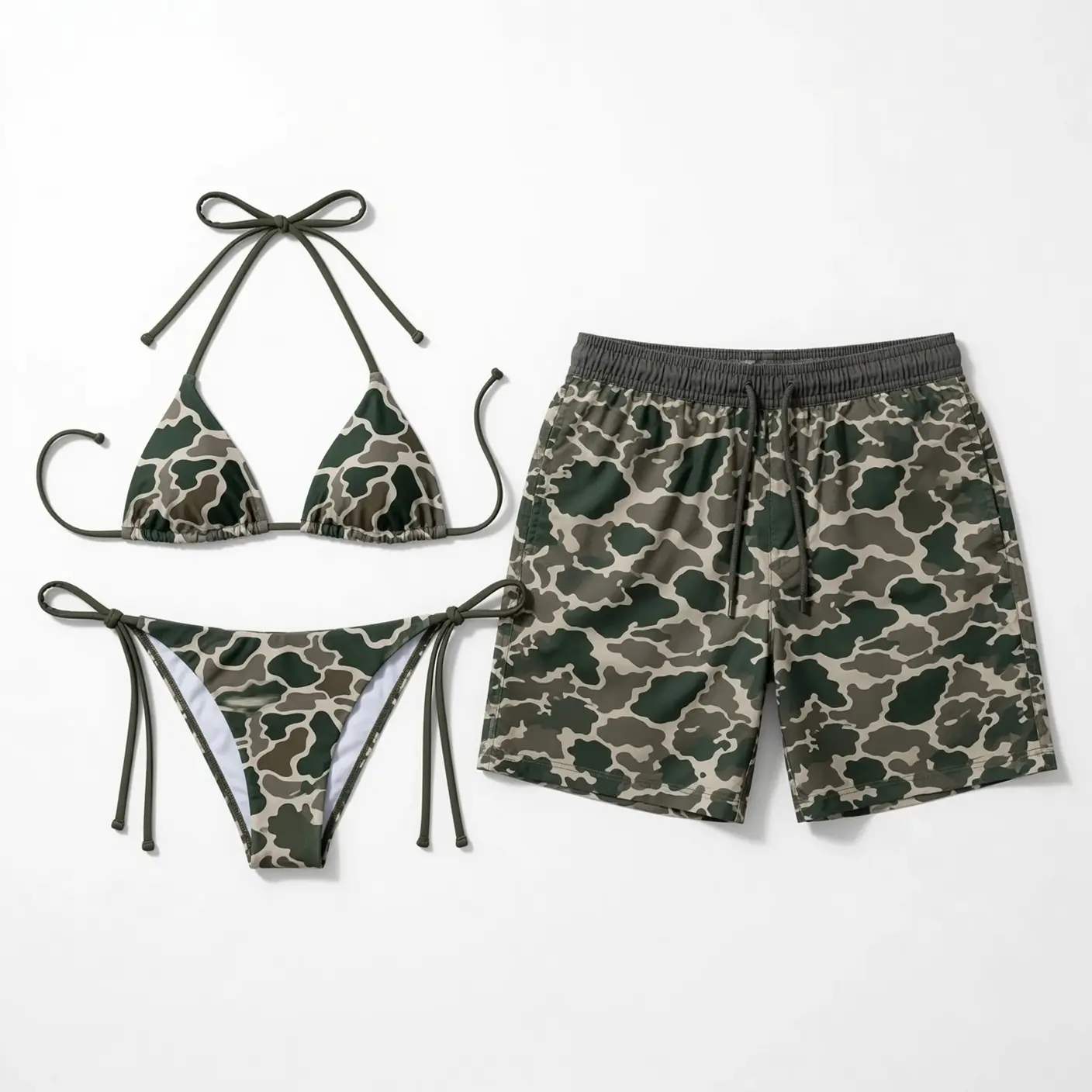 Green Duck Camo Matching Couple Swimwear Set, Camouflage String Bikini and Hawaiian Shorts for Women Men, His and Hers Army Camo Swimsuit, Summer Beach Vacation Pool Party Lake Trip Outfit Gift for Couples