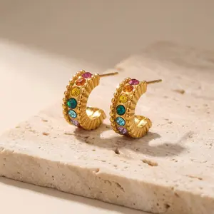 Iris Rainbow Crystal Hoop Earrings in Gold