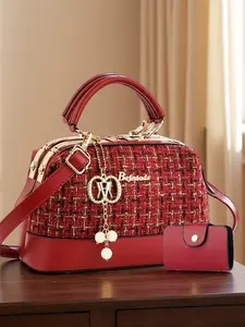 Boston Messenger Bags for Women, Geometric Patchwork Design Handbag & Crossbody Set, Perfect Gift for Mom Wife Girlfriend