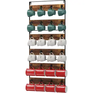 Mug Racks for Wall, Set of 3, 24-Hook Large Coffee Mug Holder Wall Mounted, Rustic Wood Coffee Mug Display Organizer for Kitchen, Home, Bar, Coffee Station, Rustic Brown