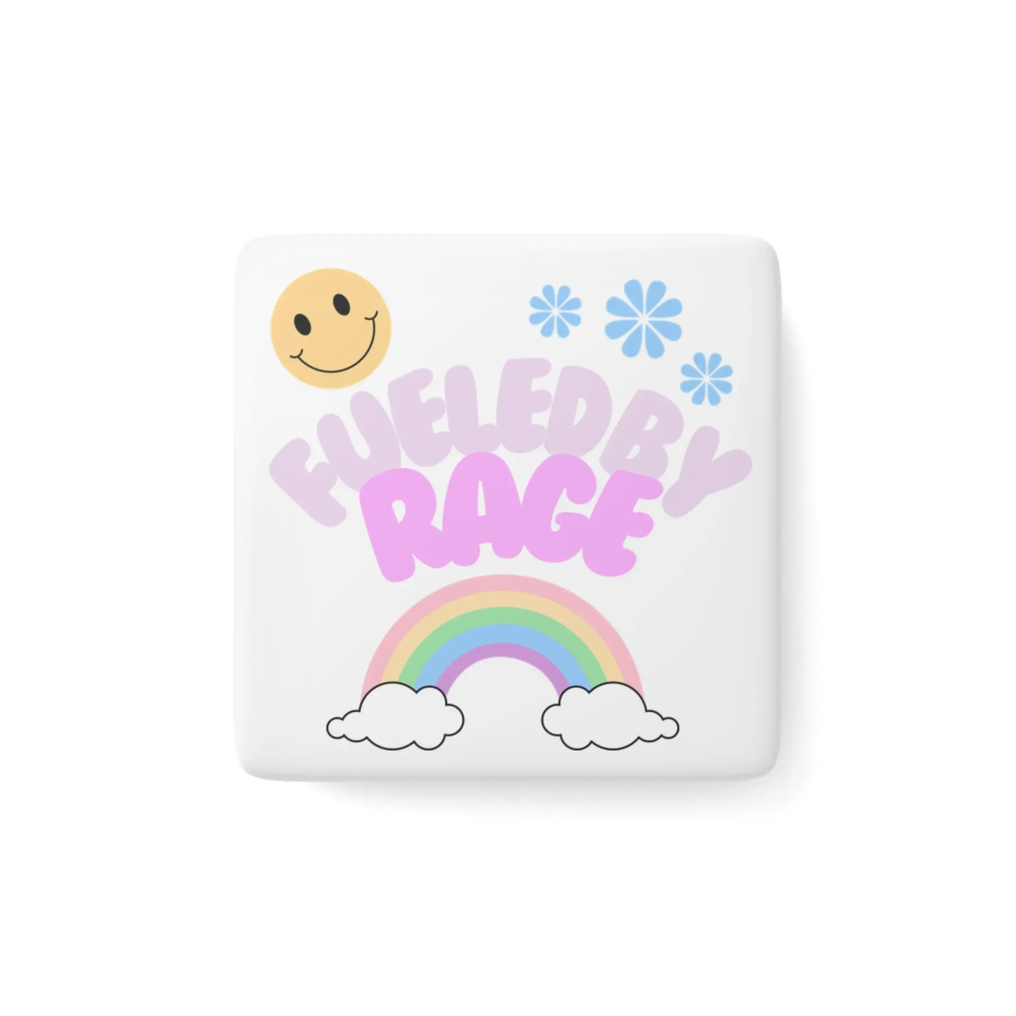 Single Glossy Ceramic Magnetic Fridge Magnet, "Fueled by Rage" Pastel Rainbow Smiley, Home Decor Fridge Decoration, Colorful
