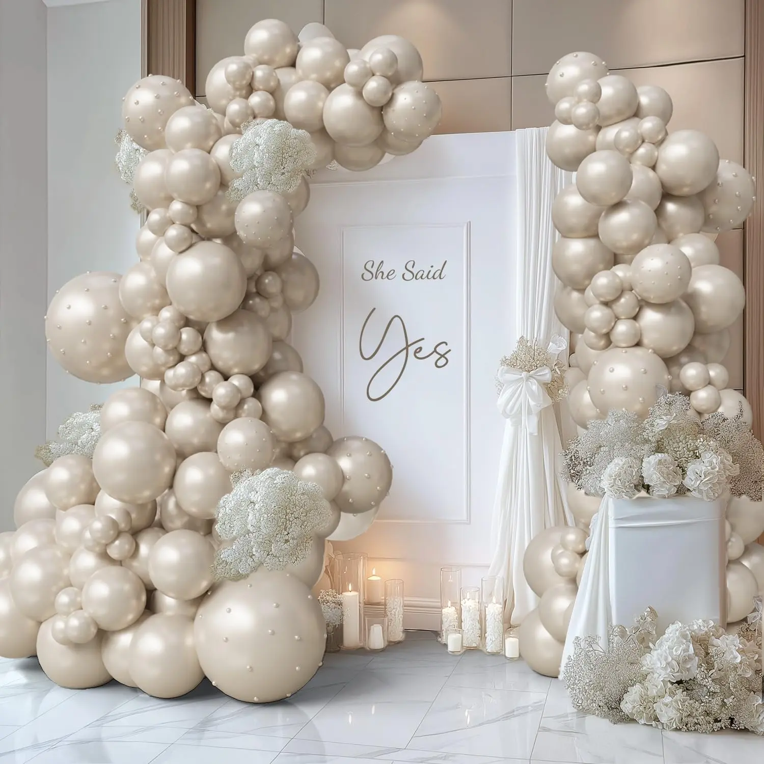 107PCS Pearl Balloon Arch Kit with Double-Layer Sand White Balloons & Pearl Stickers for Weddings, Showers & Engagements