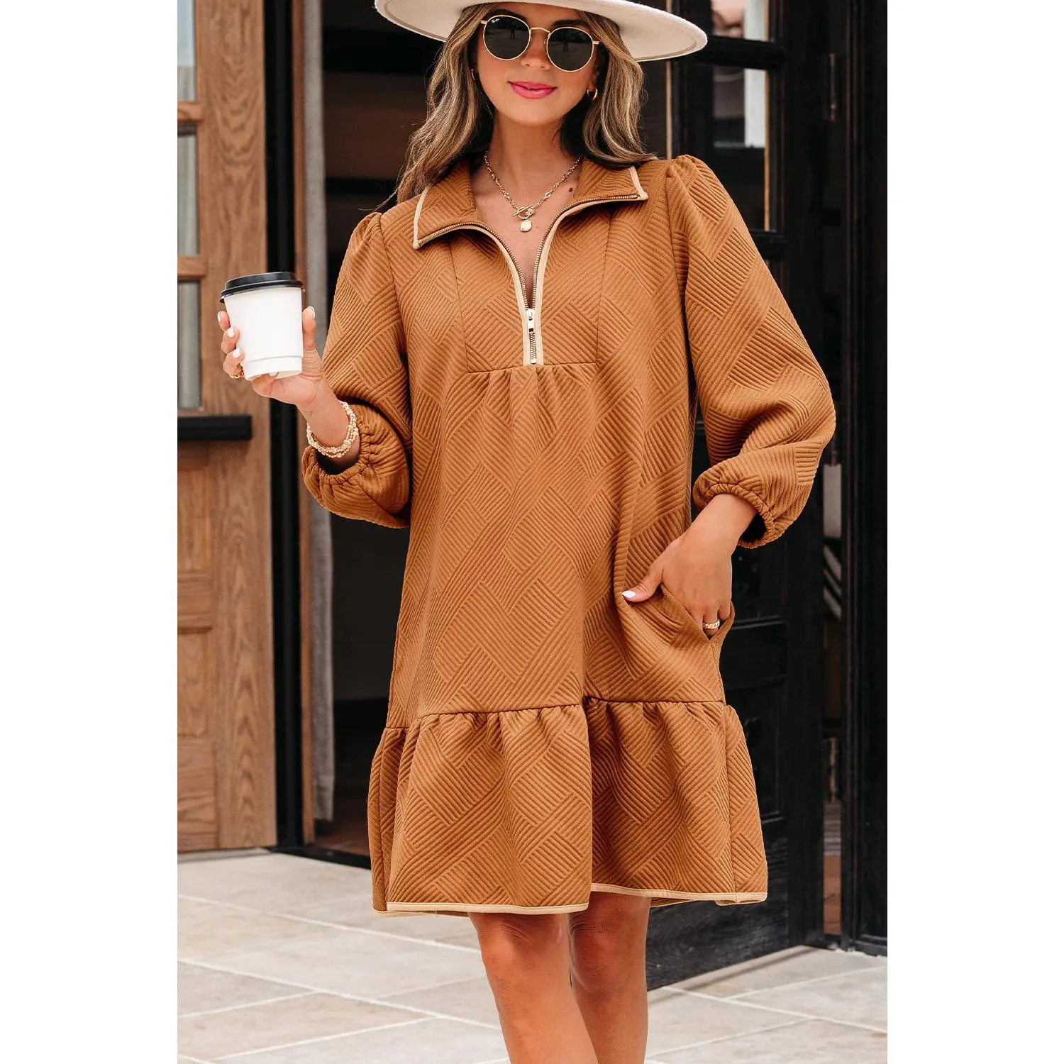 Danielle Zip Collar Textured Mini Dress