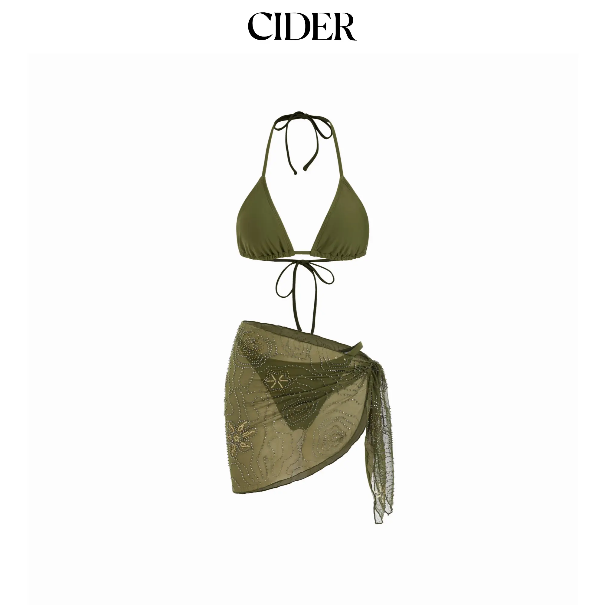 Cider Women's Embellished Halter Triangle Bikini Set, 3-Piece Swimwear with Sequin & Bead Details and Sarong, Bikini Sets, Beaded Triangle Bikini Sets