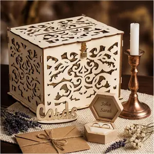 Wooden Wedding Card Box with Lock and Card Sign, Large Rustic  Hollow Card Box, Wedding Reception Box for Party Supplies,  Showers, Birthdays, Anniversaries
