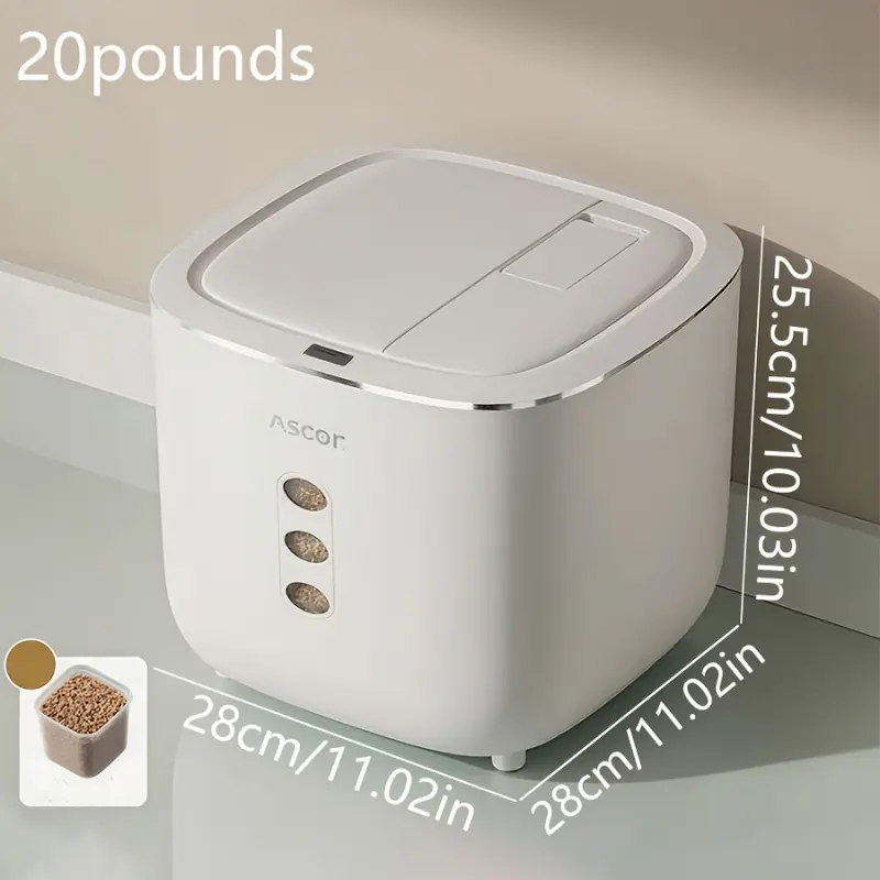 10lb/20lb Large Capacity Pet Food Storage Bin | Heavy-Duty Sealed Flip-Top Dispenser Feeder with Compatible Labels, Easy to Clean, Suitable for Dry Food & Kitchen Use, Square Plastic Container, Feeders with Lid