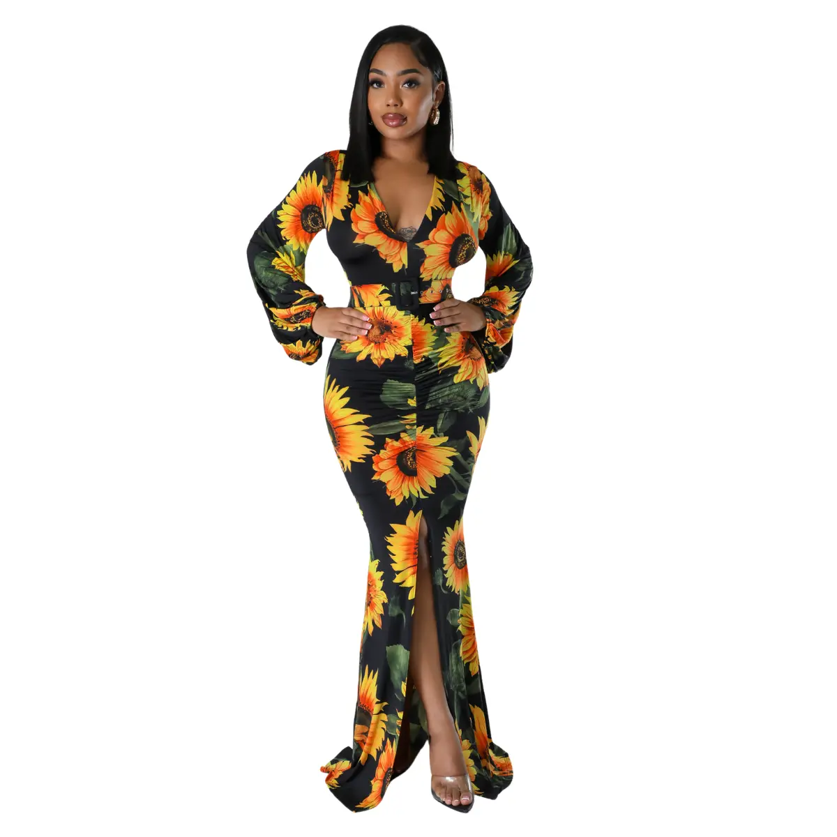 Sophia Long sleeve v-neck font slit Maxi dress Casual Elegant
