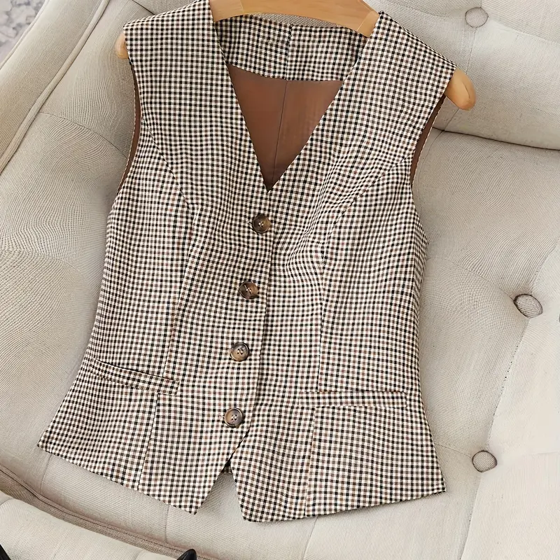 Women's Plaid Sleeveless Vest Jacket, Racerback Backless Design, V-Neck Slim Fit, Suitable for Formal & Casual Occasions, Sunborui Business Style, Sleeveless Button Vest