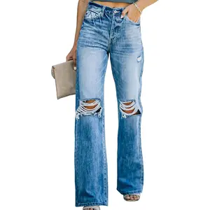 Women's Ripped High Waisted Flared Jeans Wide Leg Destroyed Denim Pants