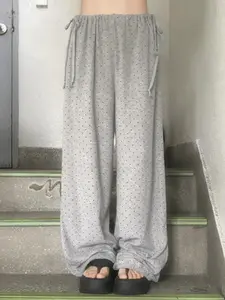 Polka Dot Wide Leg Sport Pants, Pocket Design, Cute Drawstring Bow Tie, Fashionable Comfortable Women's Long Pants, Casual and Sports