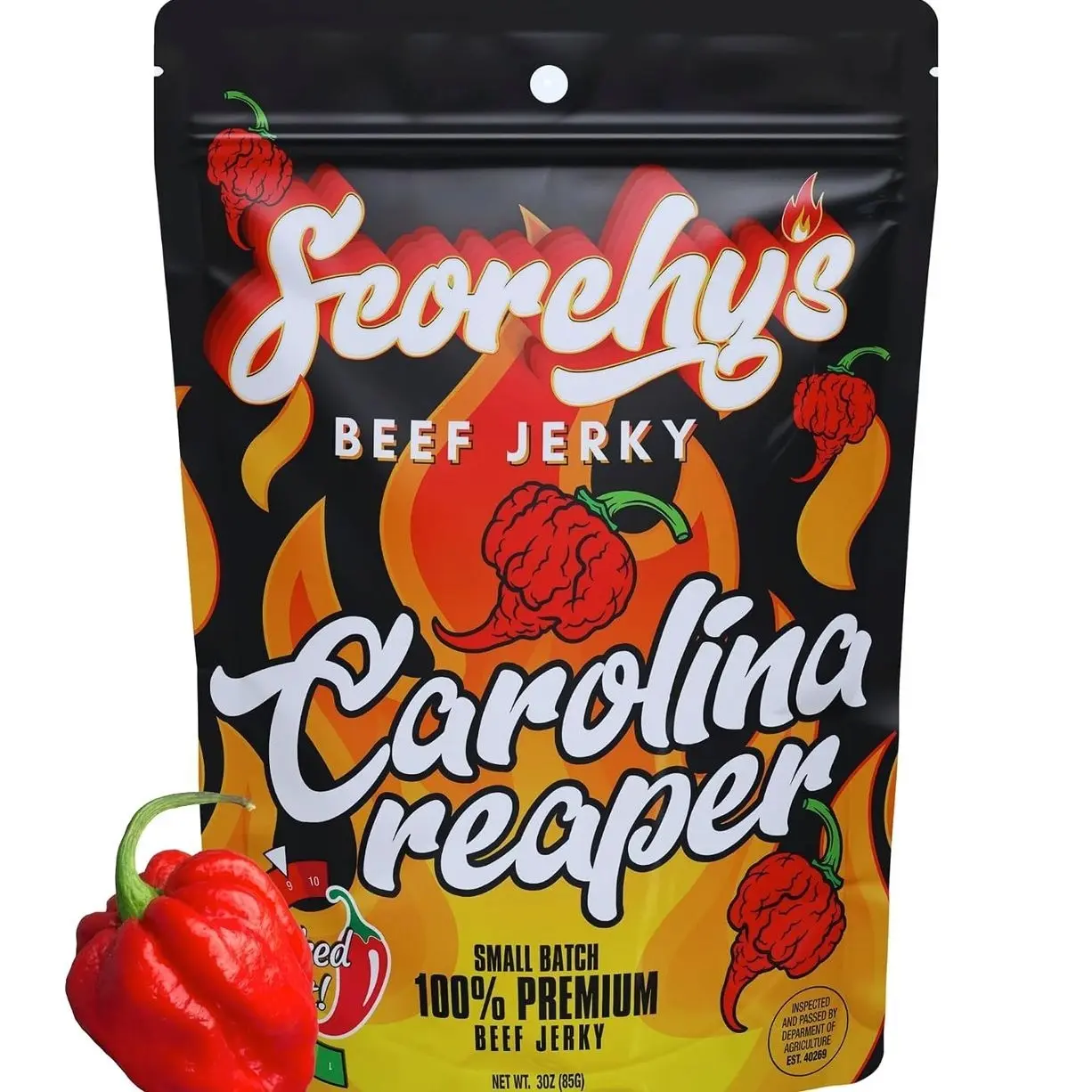 Scorchy's Jerky - Carolina Reaper Beef Jerky - Hand-Crafted Small Batch Jerky - Spicy High Protein Snack | Low Calorie and Low Fat - 30z - 1 pack