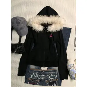 Black Faux Fur Hooded Graphic Zip-Up Hoodie | Pink Skull Print | Warm Cozy Fabric | Edgy Alt-Style Streetwear | Casual Daily/Weekend Outfit | 2000s Retro Aesthetic Clothing | Trendy Comfy Fall/Winter Top