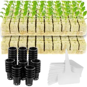 100 Set Rockwool Grow Cubes with Net Pots, Including 100 Packs 2 Inches Plastic Net Pots, 100 Rock Wool Planting Cubes and 100 Plant T-Type Tags for Hydroponics Garden Tower Supplies
