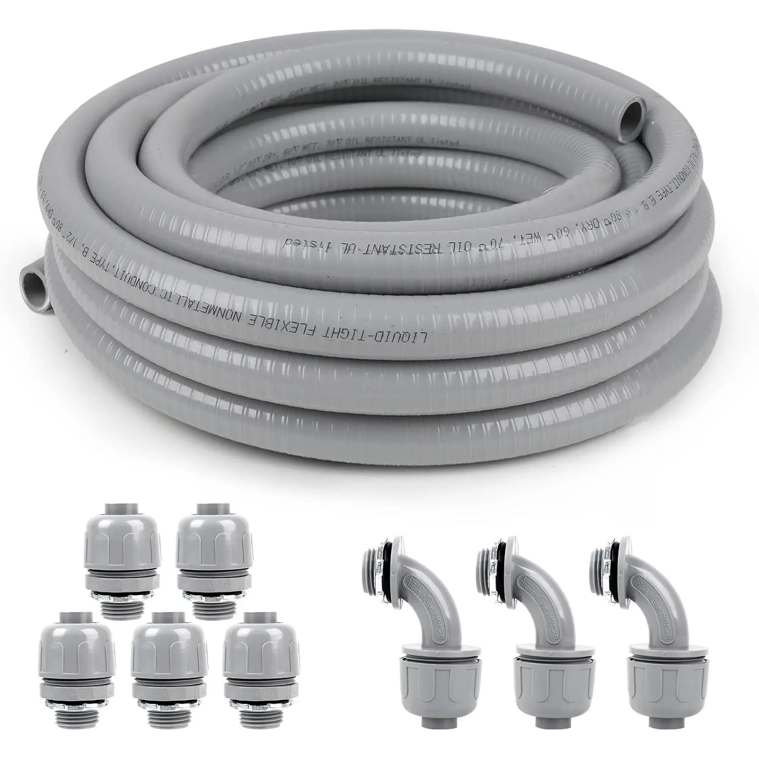 1/2inch 100ft Liquid-Tight Conduit and Connector Kit,Flexible Non-Metallic Liquid Tight Electrical Conduit Kit with 5 Straight and 3 90- Connector Fittings,1/2 in. Dia