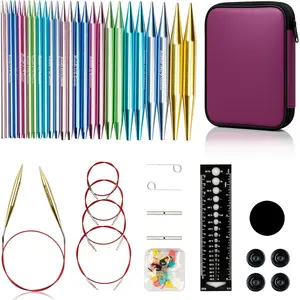 Interchangeable Aluminum Circular Knitting Needles Set - 13 Pairs of 4 Inch (10cm) Needles with 4 Cables, Needle Holders & Leather Bag - Perfect for Smooth Knitting & Versatile Projects