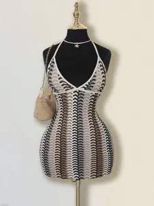 Glamine  Women's Colorful Jacquard Knit Contrast Ribbed Trim Halter Backless Deep V Mini Beach Dress