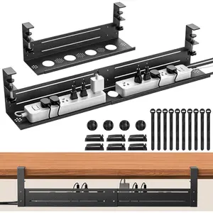 Under Desk  Management Tray - 18-29in Retractable Iron Cord Organizer, No-Drill Installation with Anti-Slip Pads, Desk  Tray for Office, Gaming,Standing Desks(Black)