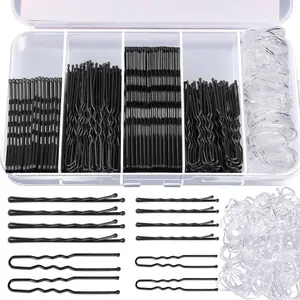 300pcs Hair Pins Bobby Pins Black, 100 Black Bobby Pins 100 Hair Pins for Women and 100 Clear Hair Bands Kit, Black Hair Pins for Buns 2" 2.36" and Black Bobby Pins 2" 2.75"