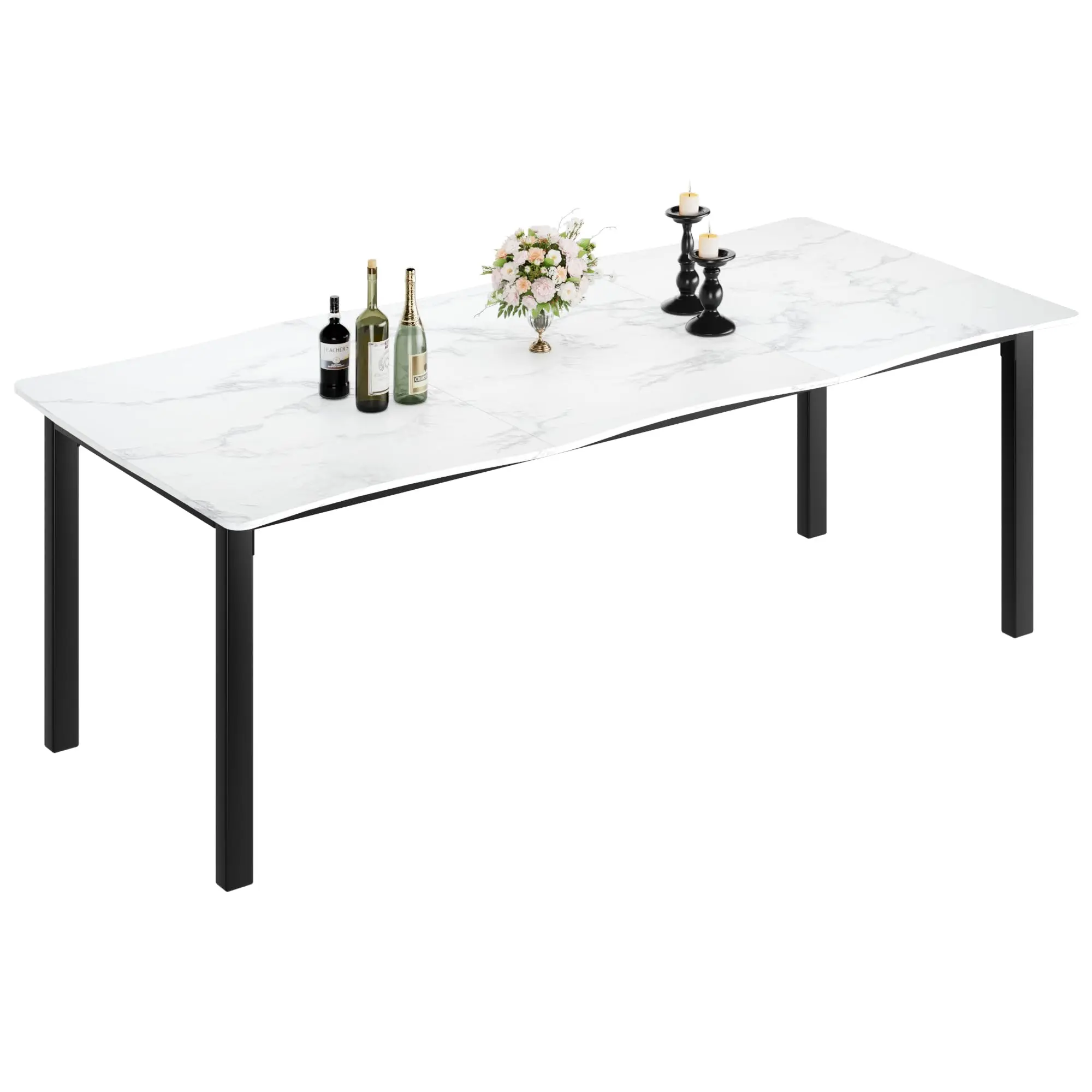 Garvee Modern Rustic Dining Table, 79" Wave-Edge Waterproof MDF, Minimalist Rectangular Design with Metal Frame, Seats 6-8, Easy Assembly, Marble Finish, 2m Length