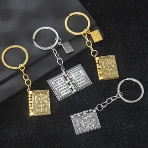 Gold flip cross keychain retro Bible luggage car key book bag hanging