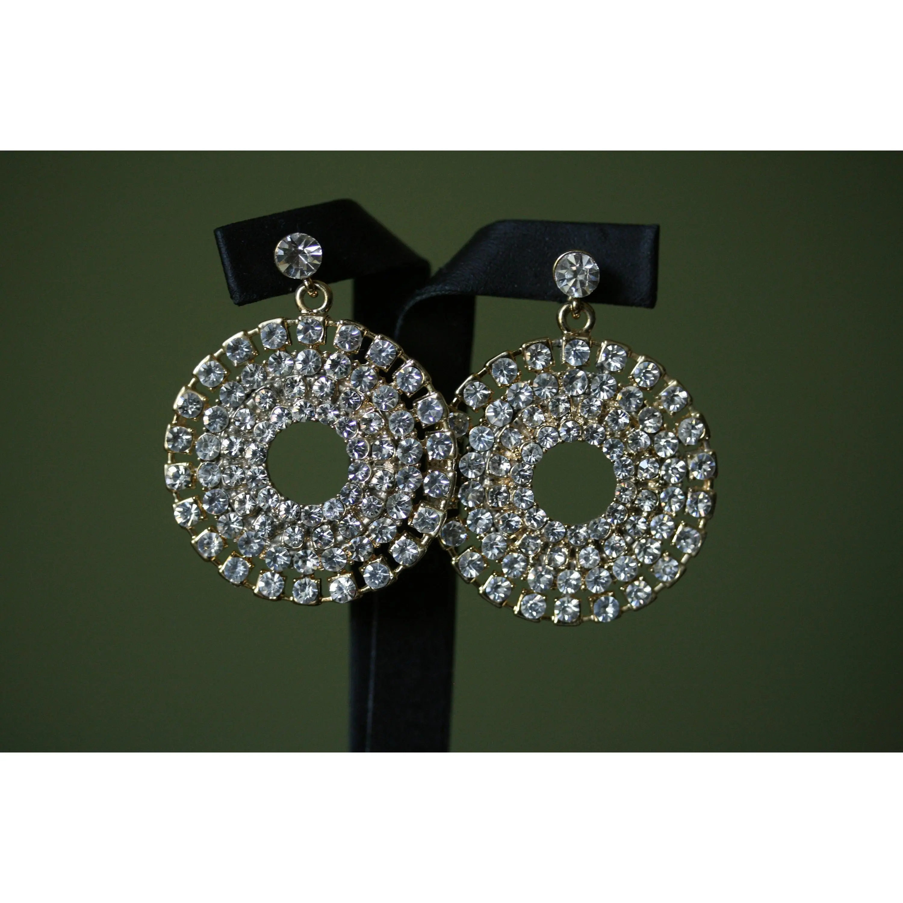 Vintage Massive Rhinestone Hoop Dangling Earrings Gold-tone Pageant Earrings Décor Drop Earrings