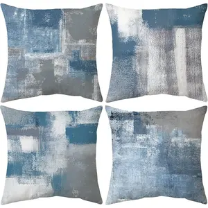 Set of 4 Blue and Grey Abstract Art Artwork Pillow Cover, Gallery Modern Decorative Throw Pillows Cushion Cover for Bedroom Sofa Living Room, Bedroom Decorative Accessories