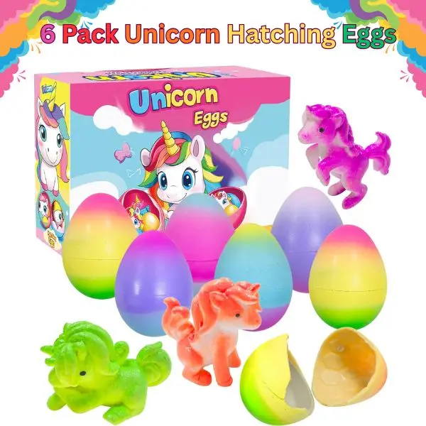 Unisex 6-Pack Hatching Unicorn Egg Capsule Toys - 600% Growth Magic Hatch, BPA-Free Safe Materials, Ages 2+, Easter Basket Stuffers, Kids' Party Favors
