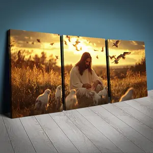 3-Piece Framed Canvas Wall Art Set, Jesus Among Shepherds at Sunset, Birds Flying, High-Definition Waterproof Fabric, Wooden Frame, Artwork