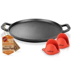 13" Cast Iron Pizza Pan - Versatile Pre-Seasoned Griddle w/ Handles | Heavy-Duty Nonstick Skillet - Durable Baking Pan for Pizza, Flatbread, Tortilla, Pancakes -  Gas, Electric, Induction Cooktops Compatible - Cooking Accessory