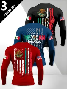 Mexican Culture Print Long Sleeve T-Shirt 3-Piece Set, Men's Round Neck Comfortable Fabric, Casual Sporty Two-In-One, Athletic Shirts