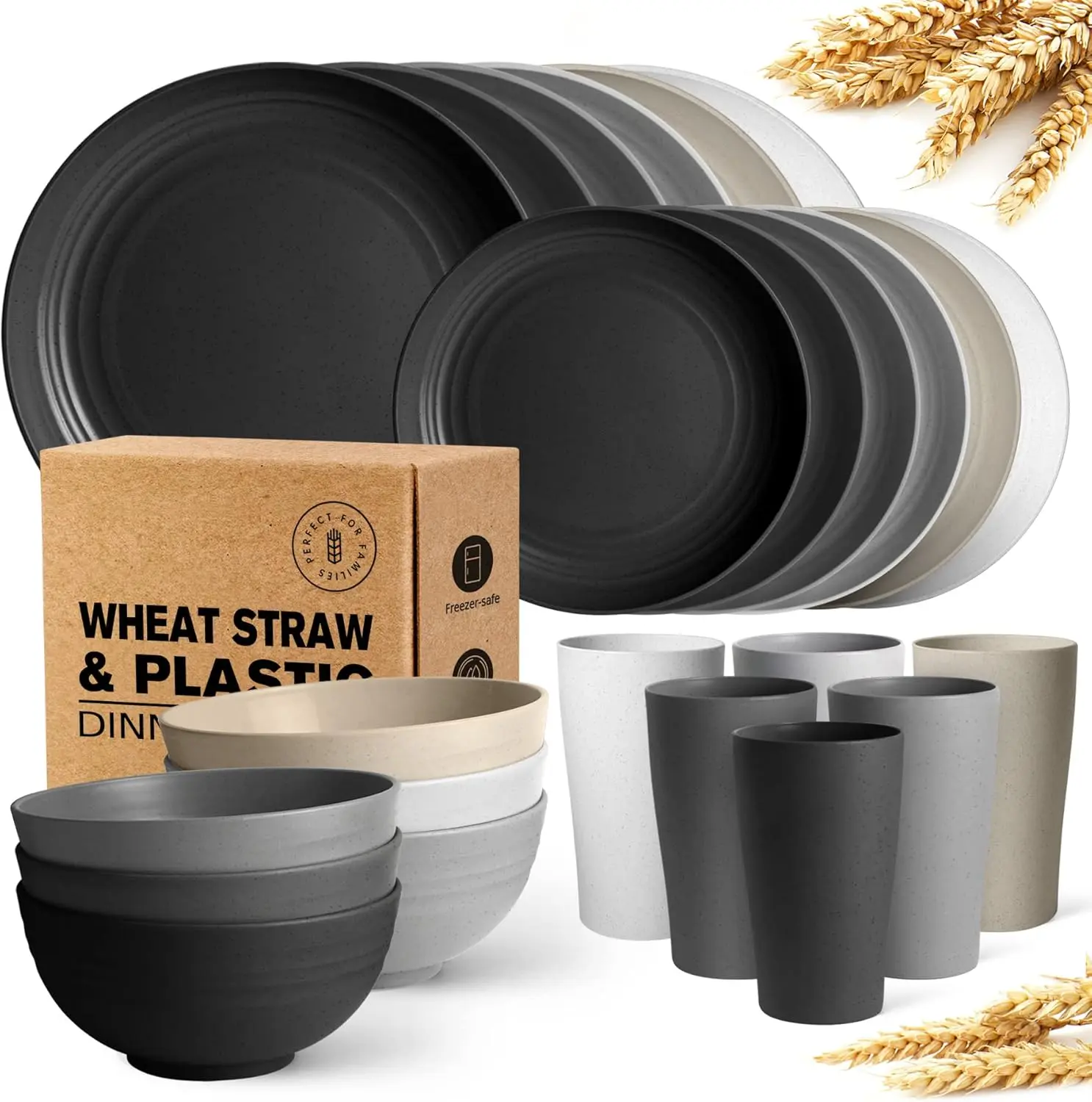 24- Kitchen Plastic Wheat Straw Dinnerware Set, Service for 6, Dinner Plates, Dessert Plate, Cereal Bowls, Cups, Unbreakable Plastic Outdoor Camping Dishes, Stone