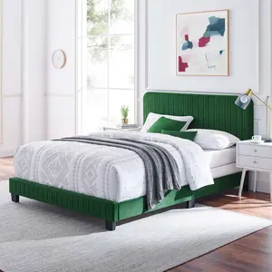 Modway Celine Channel Tufted Performance Velvet Queen Bed in Emerald