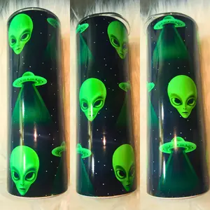 Neon Green Alien and UFO Design on Stainless Steel 20 oz Tumbler cup