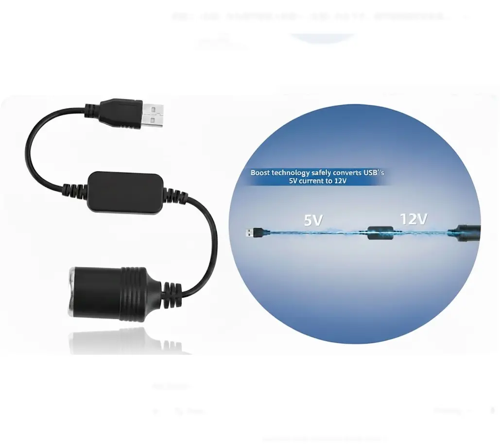 USB to 12V Voltage Converter Adapter Cable - Portable Power Gadget for Car Lighter, Dash Cam, GPS, Travel Vehicles Low-Power Accessories