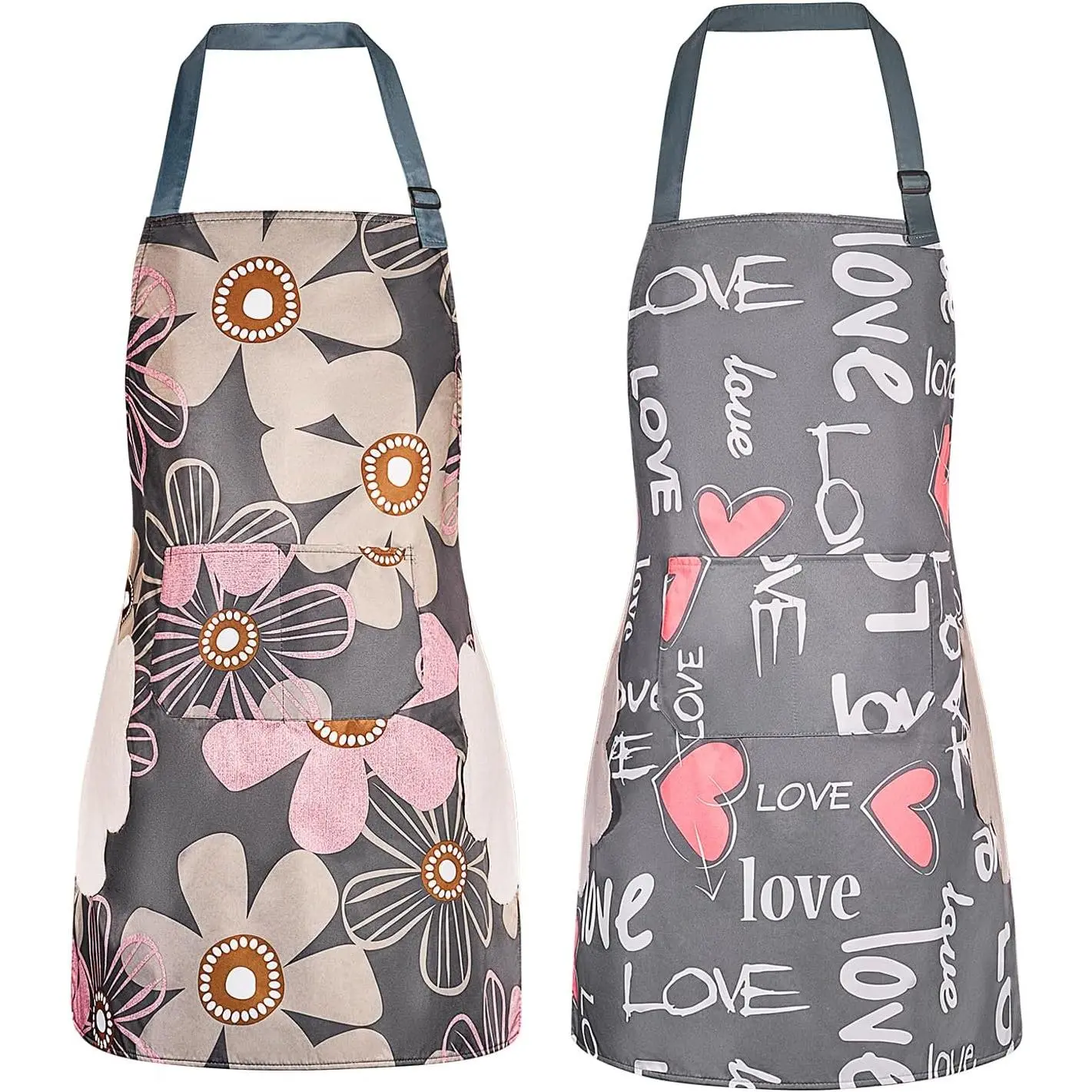 2 Pack Floral Aprons with Pocket Blooming Womens  Adjustable Cooking Aprons Kitchen Gardening Salon