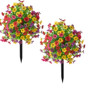 2pcs Mixed Color Artificial Decorative Flower Stake, UV Resistant Fake Plastic Floral Bush with Lush Green Leaves, Outdoor Garden Patio Yard Decor, No Fade Low Maintenance All Seasons Plant for Spring Summer Fall Winter