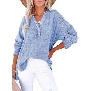 Women's Casual Button V-Neck Long Sleeve Shirt, Plus Size Solid Color Shirt Top, 100% Cotton Pullover Boyfriend Style Loose Fit