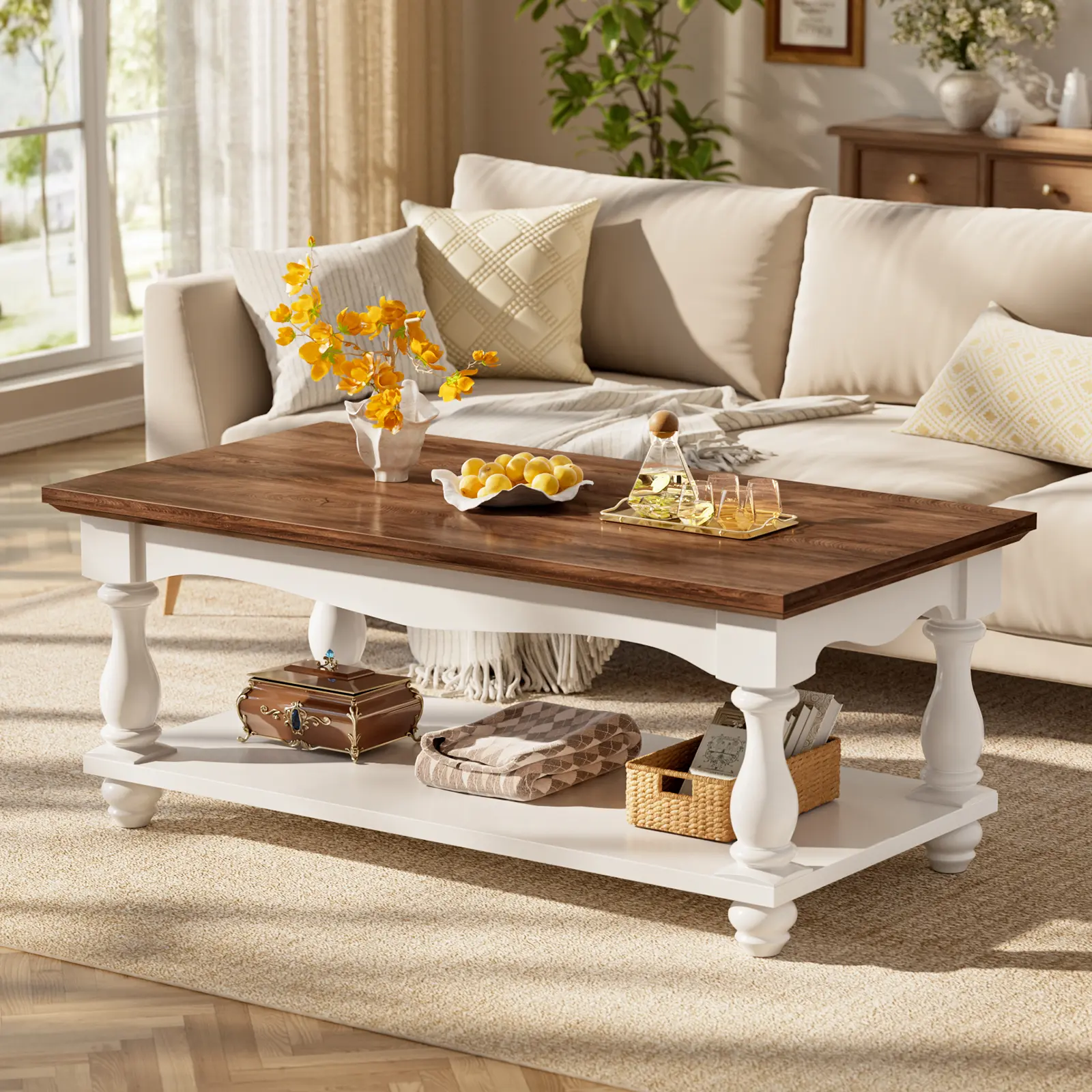 47" Farmhouse Coffee Table with 2-Tier Storage, Mid Century Modern Coffee Table with Solid Wood Legs, Rectangle Vintage Coffee Tables for Living Room