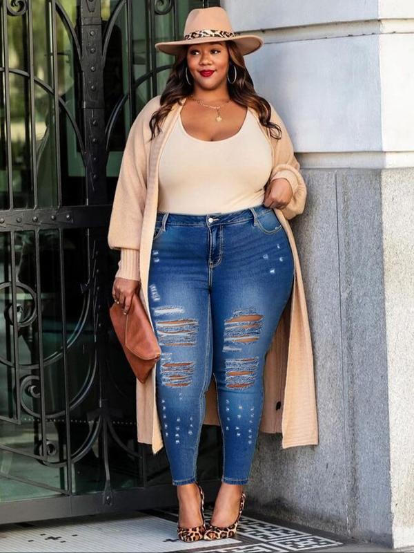 Plus Size High Waisted Denim Jeans, Stretchy Washed Casual Fashion Skinny Fit, Ripped Design, All Seasons Wear, Sizes 5xl-8xl
