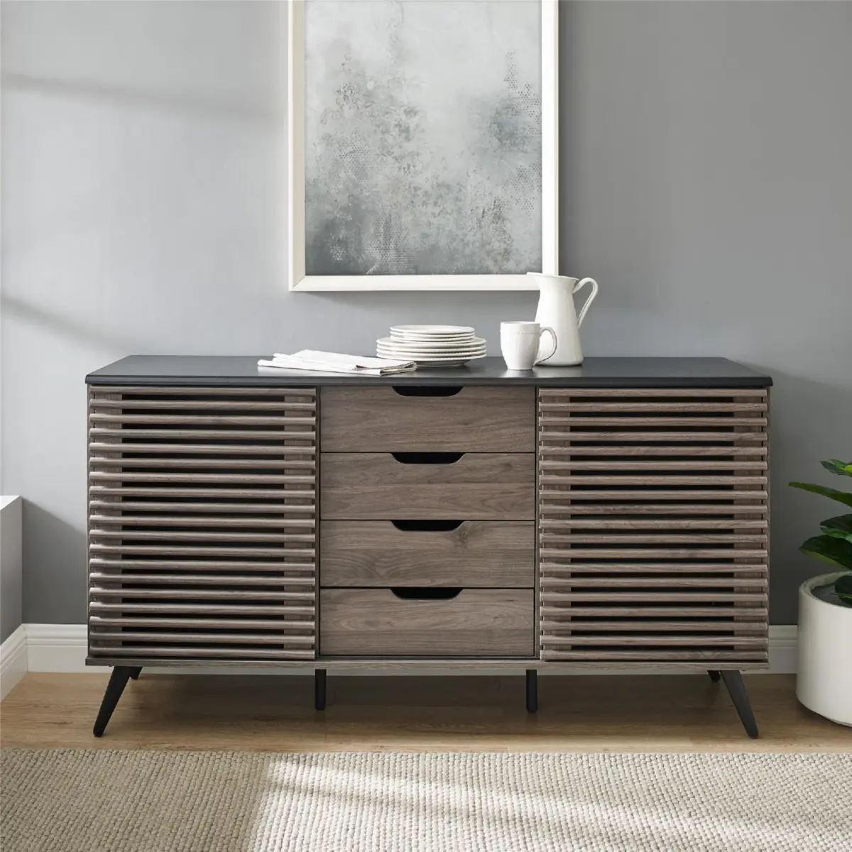 Walker Edison 59 in. Havana Sliding Door 4-Drawer Sideboard - Ebony & Slate Grey, Drawer Storage, Dual Access, Handle, Large Capacity, Luxury Modern Indoor Cupboard, Drawer Storage Sideboards, Dual Access Sideboards
